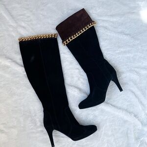 Carisma6 Made in Italy Knee High Suede Boots Black Brown Gold Chain Stiletto 9.5